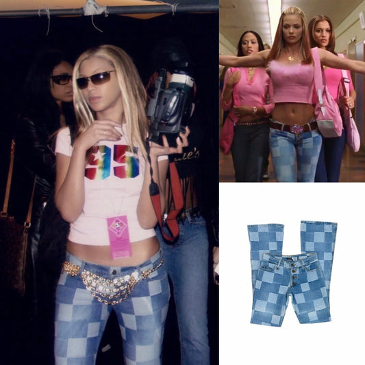 Patchwork Checkered Low-Rise Bootcut Jeans - As Seen On Beyonce & Jaime Pressly