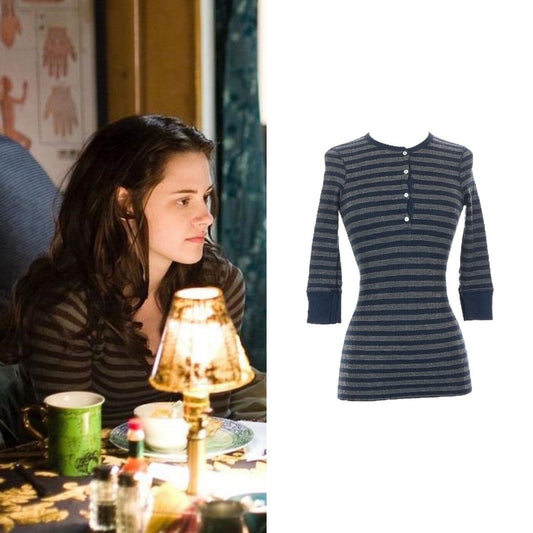 Striped Waffle Knit 3/4 Sleeve Thermal Henley - As Seen On Bella Swan (Twilight)