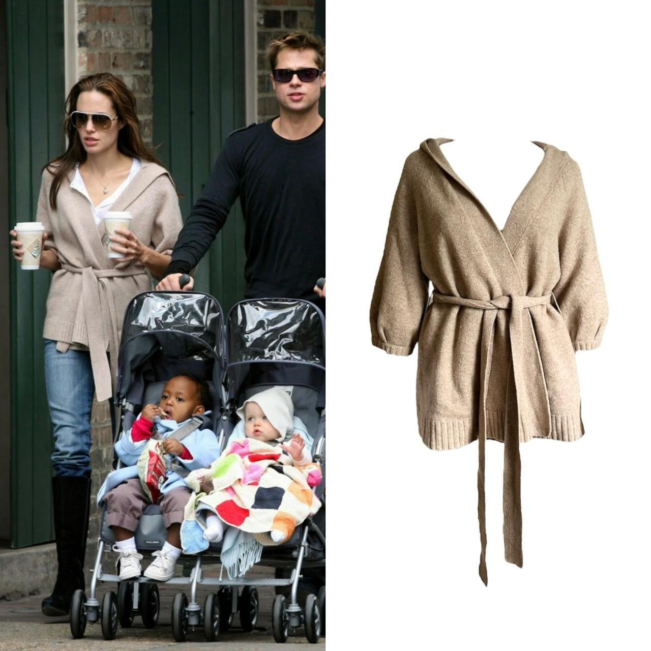 Wool Hooded 3/4 Sleeve Belted Cardigan - As Seen On Angelina Jolie