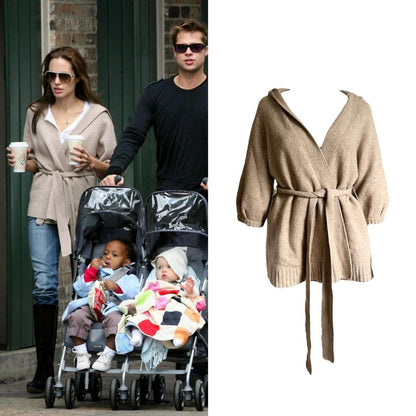 Wool Hooded 3/4 Sleeve Belted Cardigan - As Seen On Angelina Jolie