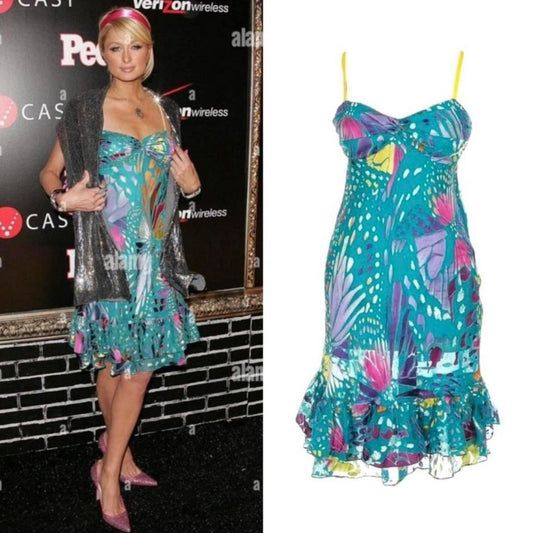 Silk Abstract Floral Ruffle Dress - As Seen On Paris Hilton