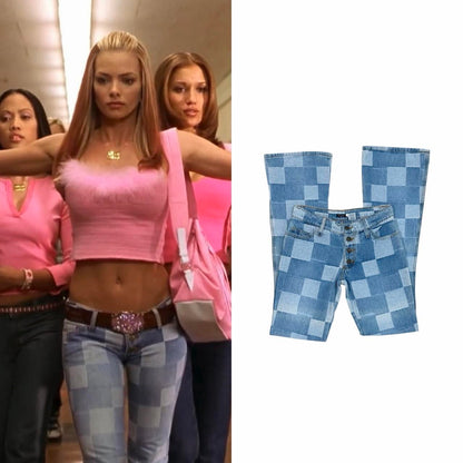 Patchwork Checkered Low-Rise Bootcut Jeans - As Seen On Jamie Pressly (Not Another Teen Movie)