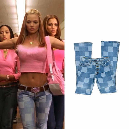 Patchwork Checkered Low-Rise Bootcut Jeans - As Seen On Jamie Pressly (Not Another Teen Movie)