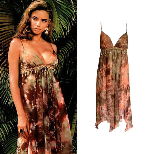 Beaded Fringe Tie-Dye Asymmetrical Dress - As Seen On Adriana Lima