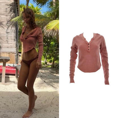 Cropped Waffle Henley Top - As Seen On Tumblr & Pinterest