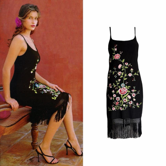 1990s Floral Embroidered Fringe Slip Dress - As Seen On Laetitia Casta