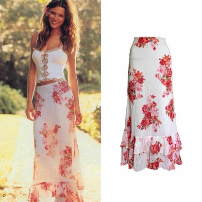 1990s Floral Ruffle Maxi Skirt - As Seen On Veronika Varekova