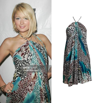 Abstract Leopard Print Pleated Halter Dress - As Seen On Paris Hilton
