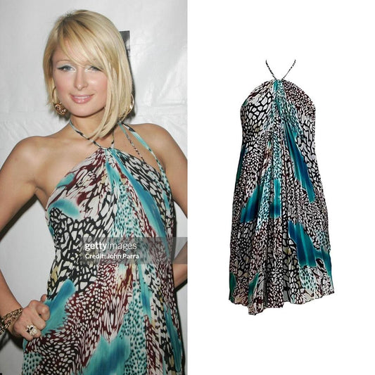 Abstract Leopard Print Pleated Halter Dress - As Seen On Paris Hilton
