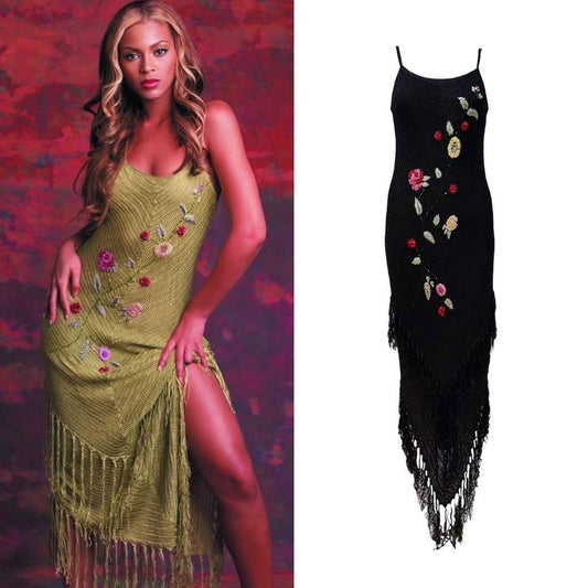 Designer 1990s Floral Crochet Fringe Dress - As Seen On Beyoncé