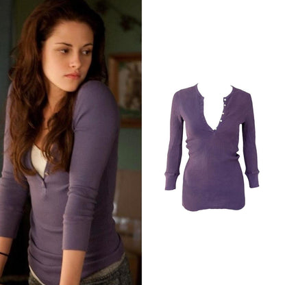Waffle Knit 3/4 Sleeve Thermal Henley - As Seen On Bella Swan (Twilight)