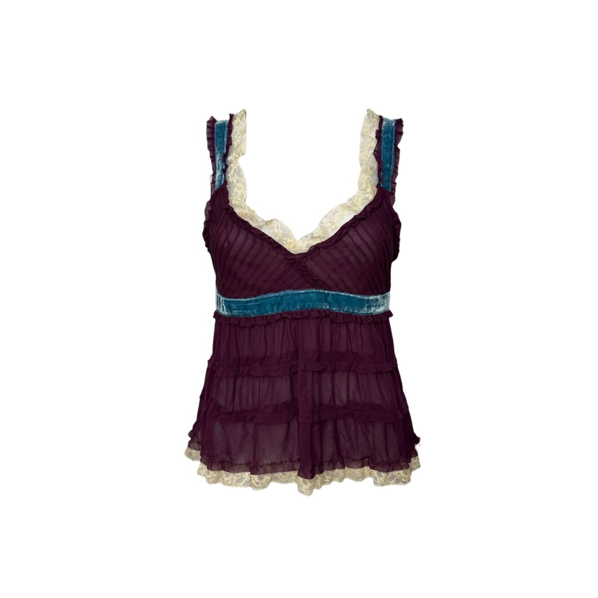 2000s Silk Velvet & Lace Trim Blouse - As Seen On Adriana Lima