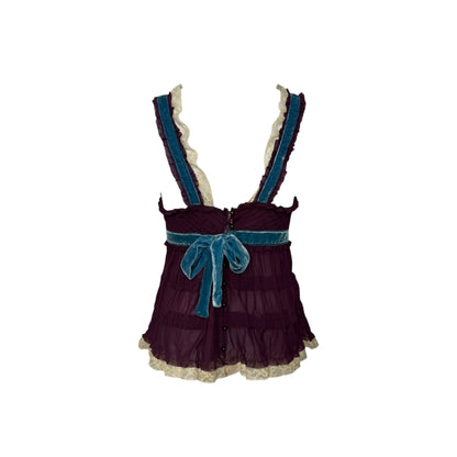 2000s Silk Velvet & Lace Trim Blouse - As Seen On Adriana Lima