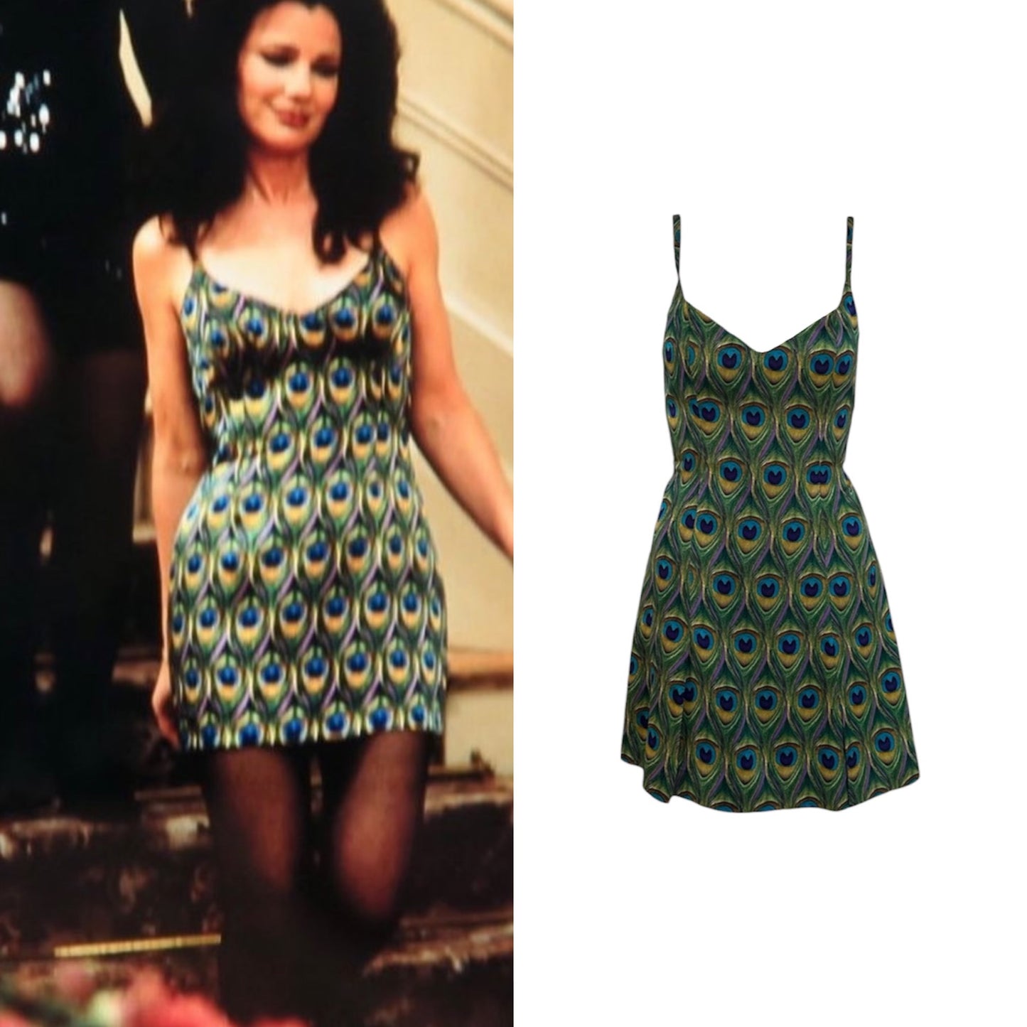 1990s Silk Peacock Print Mini Dress - As Seen On Fran Fine (The Nanny)