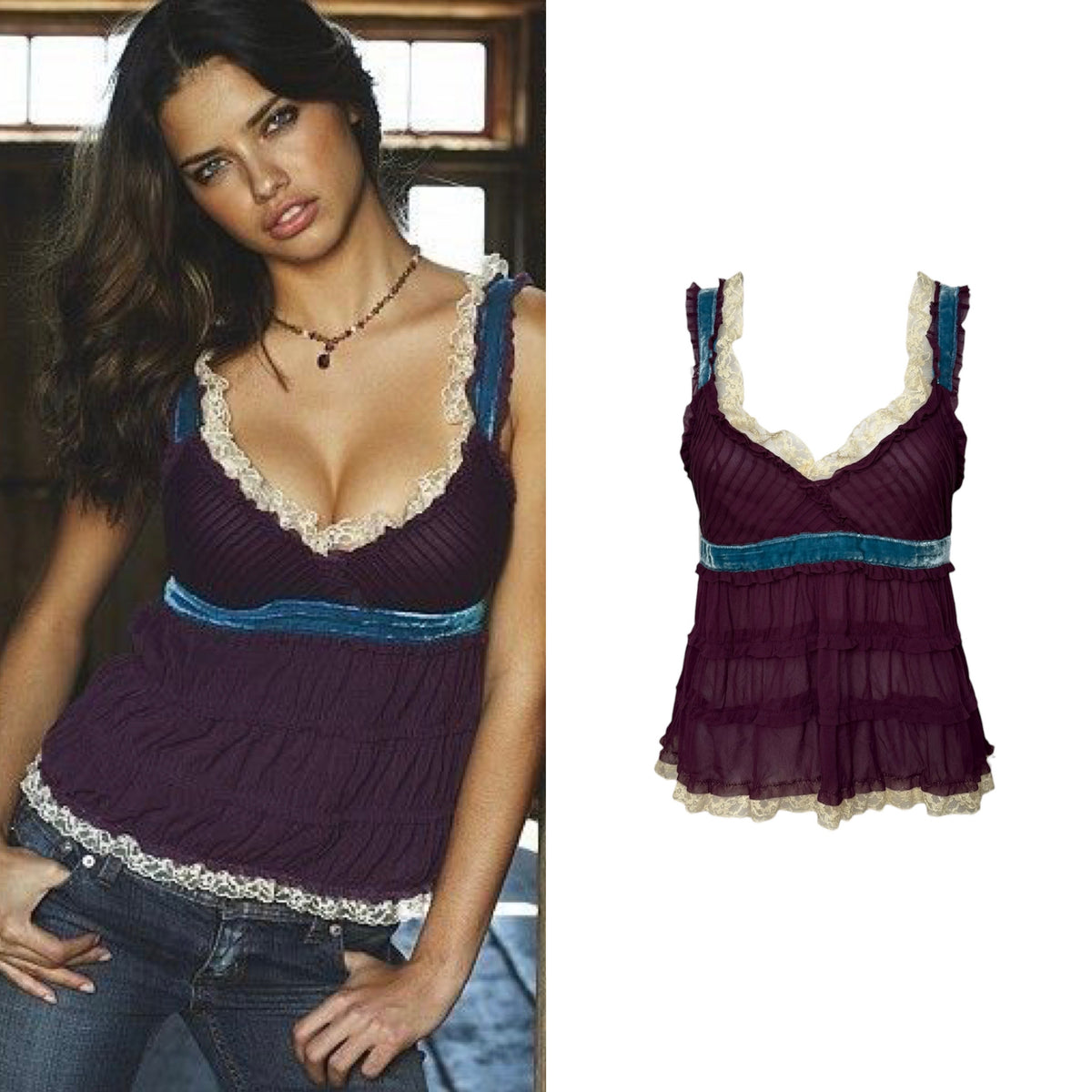 2000s Silk Velvet & Lace Trim Blouse - As Seen On Adriana Lima